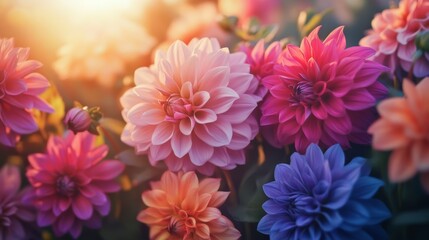 Obraz premium Beautiful dahlias blooming in a garden at sunset