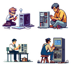 set collection computer technician repair maintenance service pixel art 8bit vector
