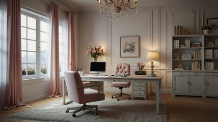 A home office with a white desk, two pink chairs, a white bookcase, and a large window with pink curtains.