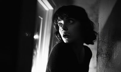 Woman looking startled in doorway.