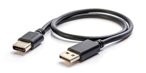 Extreme close-up of black micro usb to type c cable isolated on white background.