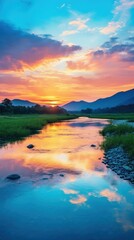 Fototapeta premium Sunset river landscape outdoors horizon nature.