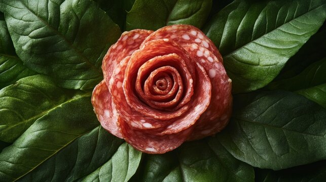 Salami forming a rose flower lying on green leaves