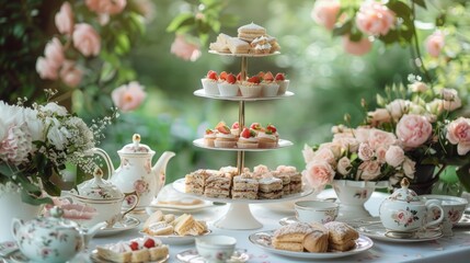 Naklejka premium Elegant Afternoon Tea Party with Floral Decorations and Delectable Pastries
