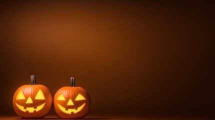 Two glowing pumpkins with playful faces sit against a warm, brown backdrop, creating a festive Halloween atmosphere.