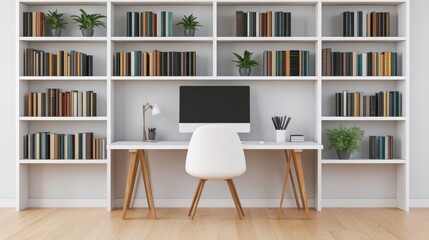 Modern Office Desk with Ergonomic Chair and Bookshelves