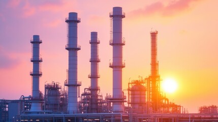 Obraz premium Industrial Oil Refinery at Dawn with First Rays of Sun