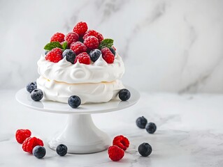 A pavlova topped with fresh berries on a white cake stand