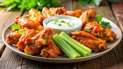 Fototapeta premium Extreme close-up of buffalo chicken wings with celery and ranch dip on plate