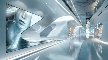 Obraz premium A concept design of a sleek digital billboard interior for a fashion brand, inspired by liquid metal and the architectural.