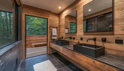 Stylish modern bathroom with timber vanity and large windows showcasing nature