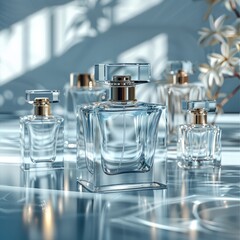A series of square glass perfume bottles and glass cream jars.
