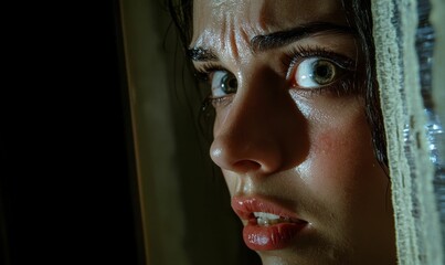 Close-up portrait of a woman with wide eyes.