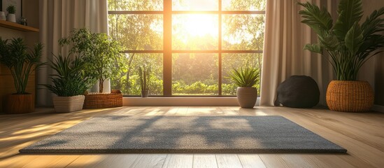 Fototapeta premium A bright living room with a large window, hardwood floors, a rug, and potted plants. The sun is shining through the window, casting shadows on the rug.