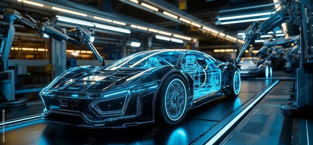 Poster futuristic car on a conveyor belt in a factory with robotic arms assembling parts.