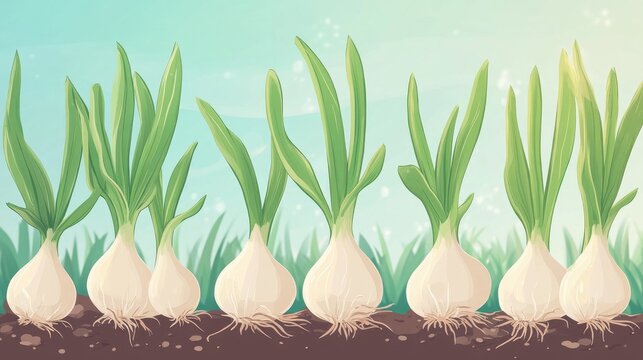 Cartoon style illustration of sprouting garlic