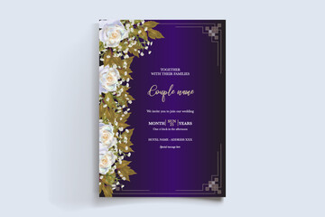 WEDDING INVITATION FRAME WITH FLOWER DECORATIONS AND FRESH LEAVES