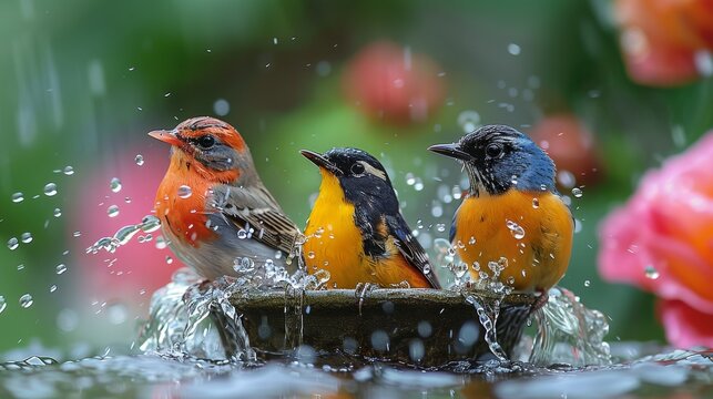Birds in a bird bath. Featuring garden setting and water splashes. Emphasizing refreshing and playful moments. Ideal for garden product advertisements and bird enthusiast blogs.