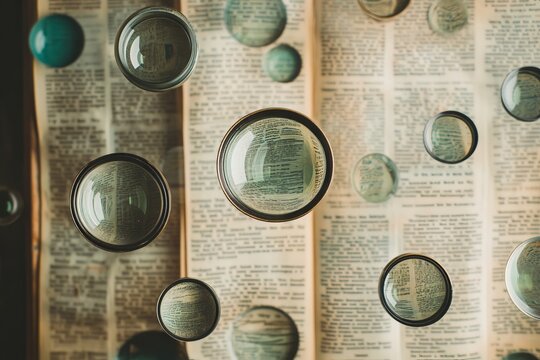 A bunch of glass spheres floating on top of an open book