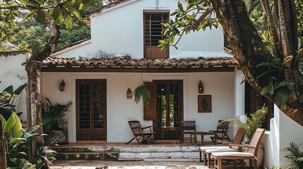 Fototapeta premium A white house, surrounded by lush greenery and trees. There is an outdoor seating area with wooden chairs under tree branches, adding to its natural charm. The entrance on one side has steps leading.
