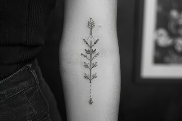 Obraz premium A minimalist arrow tattoo on the forearm, pointing forward.