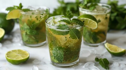 Fototapeta premium Refreshing Mint and Lime Cocktail with Ice Summer Drink Photography