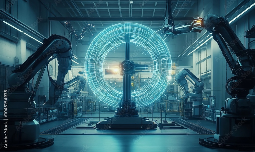 Poster futuristic factory interior with robotic arms and a glowing blue circular structure in the center.