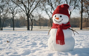 Obraz premium A snowman wearing a red scarf and hat, standing in a snowy field with trees in the background. The left side of the image is left empty, creating a perfect area for text. 