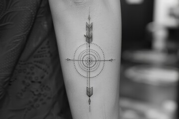 A minimalist arrow tattoo on the forearm, pointing forward.