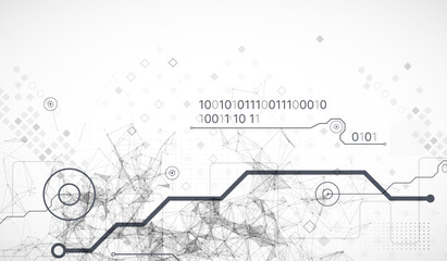 Abstract background on technological and scientific topics. Plexus effect with various techno details. Hand drawn vector.