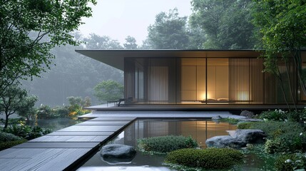 Obraz premium Modern Japanese Zen Garden House with Pond and Wooden Path