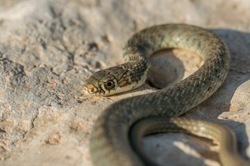 A juvenile Western whip snake (Coluber viridiflavus carbonarius) baskinin the island of Malta.