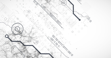 Abstract background on technological and scientific topics. Plexus effect with various techno details. Hand drawn vector.