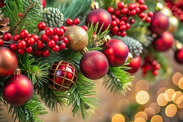Extreme close-up of elegant holiday garland with ornaments and berries