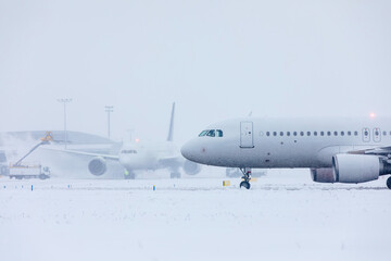 Winter frosty day at airport. Deicing of airplane before flight...