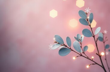 Fototapeta premium Eucalyptus branches with christmas fairy lights on pink backdrop.
