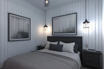 Pendant Lights. Contemporary Bedroom Design with Unique Lighting and Artwork