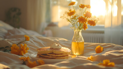 Delicious pancakes served on a cozy bed with fresh flowers and golden sunlight streaming through a window in the morning
