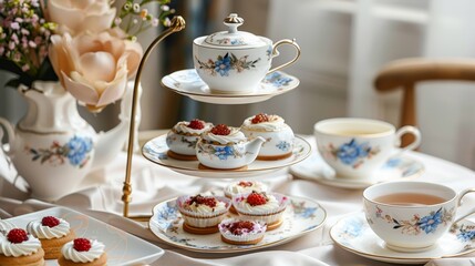Fototapeta premium Elegant Tea Party Setup with Floral Teacups and Pastries