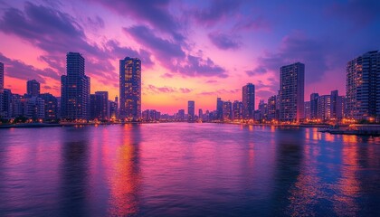 Obraz premium Vibrant sunset over a bustling city skyline reflecting on the water