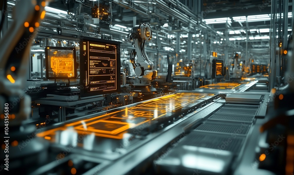Aufkleber futuristic factory with robotic arms and conveyor belt with digital interfaces.