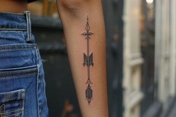Obraz premium A minimalist arrow tattoo on the forearm, pointing forward.