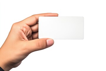 Hand showing credit card, or card, or business card or voucher, isolated on white background, template, mock-up with generative ai