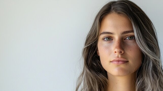 Woman, the left side of her face is about 20 years old with brown hair and the right side of her face has aged with subtle wrinkles and her hair is grey, white background