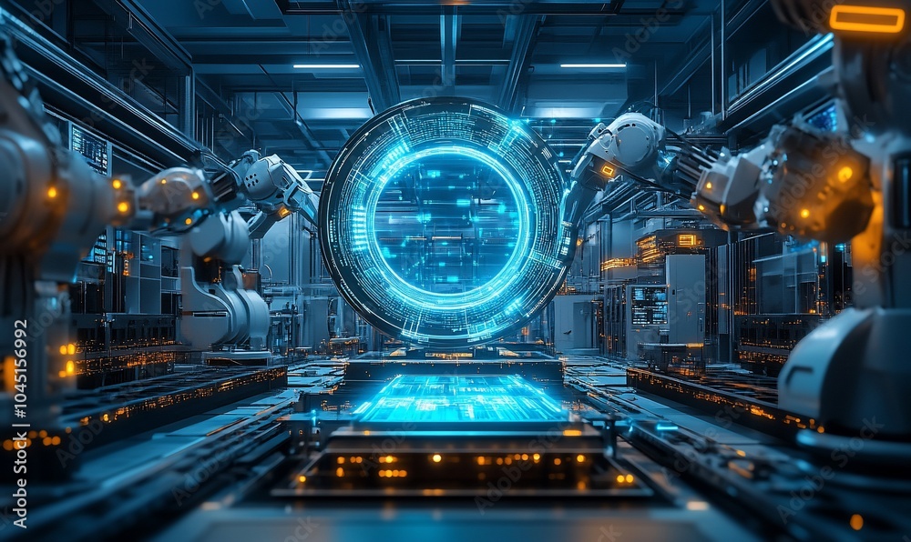Poster Futuristic factory with robotic arms working around a digital portal.