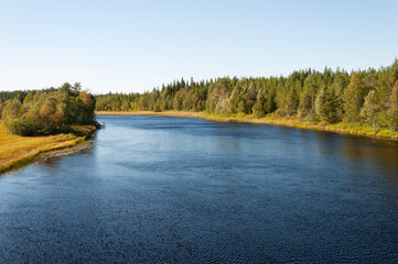 View of Onda River in Karelia, Russia. Dense forest along the river banks, sunny day