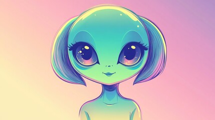 Fototapeta premium Charming cartoon illustration of an adorable alien girl with a soft gradient line design