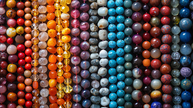 Strings of colorful beads are lined up for sale at a market stall, showing the variety of colors and materials available