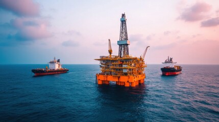 Fototapeta premium Offshore Platform in Calm Seas with Support Vessels