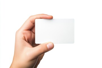 Hand showing credit card, or card, or business card or voucher, isolated on white background, template, mock-up with generative ai